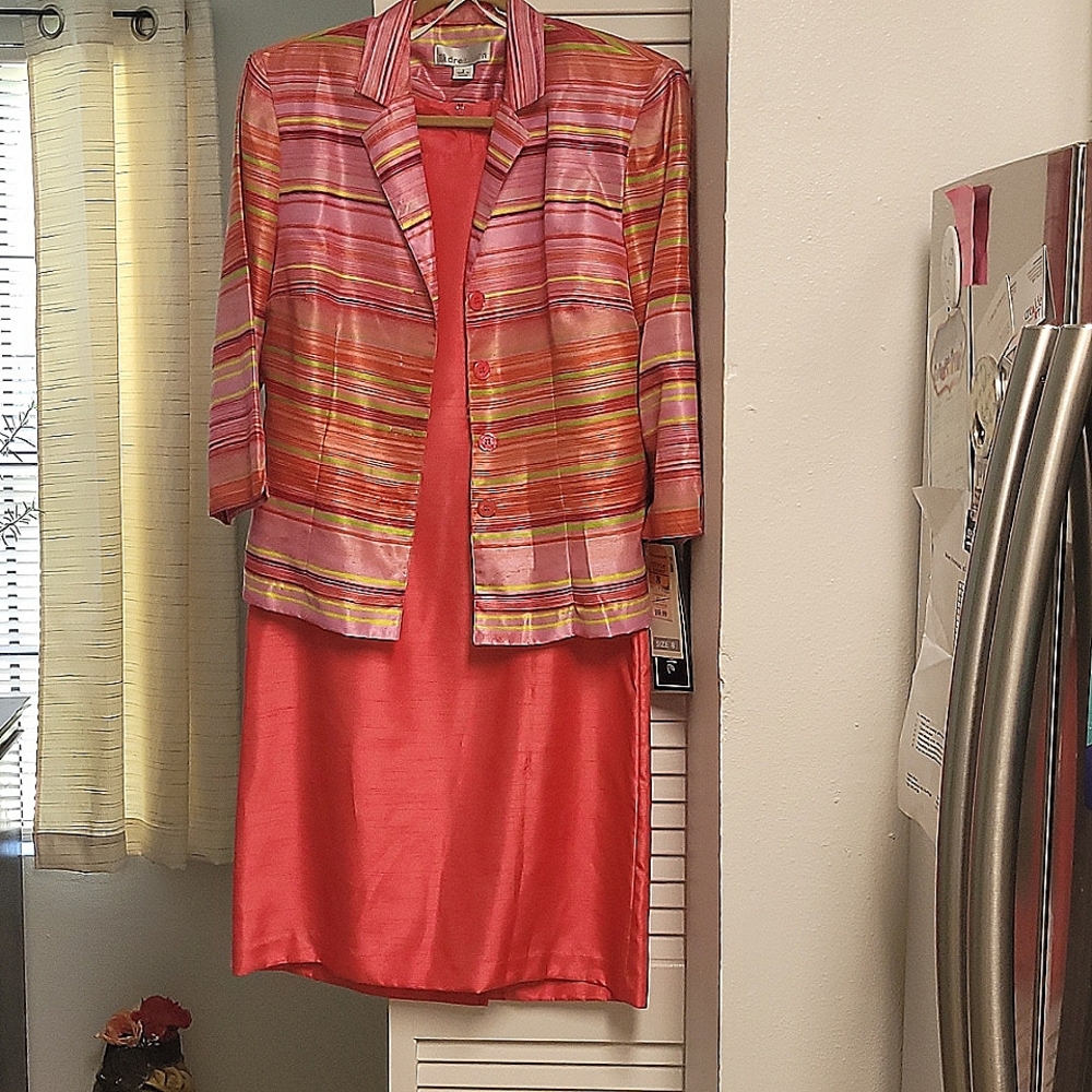 Two-piece pink sleeveless dress and striped long sleeve jacket size 8 brand new
